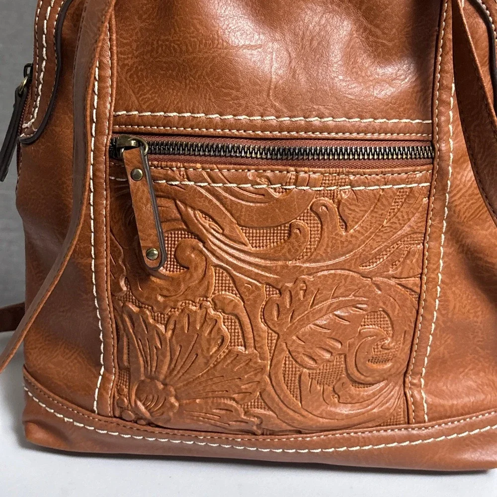 b.o.c. Born Backpack Brown Tooled Floral Faux Leather Everyday Bag Purse Casual